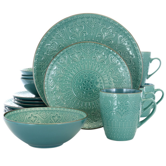 MEGAGOODS, INC. 995112660M Elama 16-Piece Stoneware Dinnerware Set, Sea Foam Mozaic