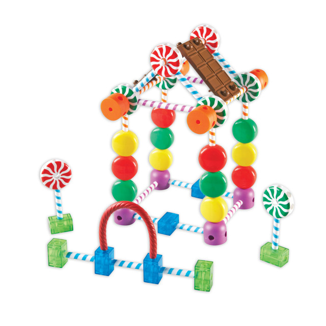 Candy Construction Little engineers build sweet structures, fine motor strength and foundational STEM skills!  Includes chunky, durable candy pieces in a variety of fun, familiar designs plus Activity Guide with illustrated, step-by-step building directions.  Largest piece measures 7inL x .5in in diameter.  Grades PreK+.  Set of 92.  Includes: 32 Small, medium and large swirl sticks, 8 Green swirl connectors, 8 Red swirl connectors, 8 Gumdrop pieces, 12 Colored disks, 8 Green connectors, 8 Blue connectors, 4 Bendy twists, 4 Chocolate panels.