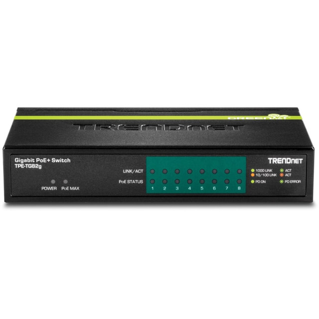 TRENDNET INC. TRENDnet TPE-TG82G  8-Port GREENnet Gigabit PoE+ Switch, Supports PoE And PoE+ Devices, 61W PoE Budget, 16Gbps Switching Capacity, Data & Power Via Ethernet To PoE Access Points & IP Cameras, Black, TPE-TG82G - 8-Port Gigabit PoE+ Switc