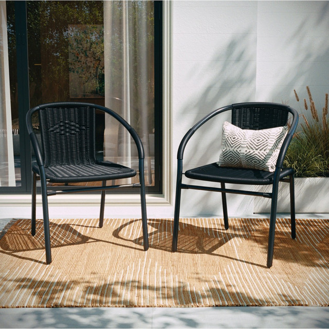 FLASH FURNITURE 4TLH037BK Rattan Indoor/Outdoor Restaurant Stack Chairs, Black, Pack Of 4 Chairs FLASH FURNITURE 4TLH037BK Rattan Indoor/Outdoor Restaurant Stack Chairs, Black, Pack Of 4 Chairs