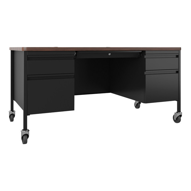 SP RICHARDS LLR66945 Lorell Fortress 60inW Double-Pedestal Mobile Teachers Computer Desk, Black/Walnut