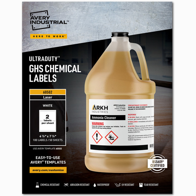 AVERY PRODUCTS CORPORATION 60502 Avery UltraDuty GHS Chemical Labels For Laser Printers, Waterproof, UV Resistant, 60502, Rectangle, 4-3/4in x 7-3/4in, White, Pack Of 100 AVERY PRODUCTS CORPORATION 60502 Avery UltraDuty GHS Chemical Labels For Laser Printers, Waterproof, UV Resistant, 60502, Rectangle, 4-3/4in x 7-3/4in, White, Pack Of 100