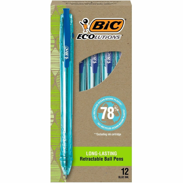 BIC CORP BPRR11BE BIC Ecolutions Retractable Ballpoint Pen, Medium Point, 1 mm, Semi Clear Barrel/Blue Ink, Pack Of 12 BIC CORP BPRR11BE BIC Ecolutions Retractable Ballpoint Pen, Medium Point, 1 mm, Semi Clear Barrel/Blue Ink, Pack Of 12