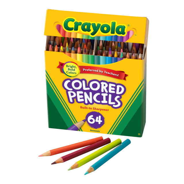 Presharpened and ready for all of your classrooms coloring needs, this kids color pencil set is a great way to encourage little ones to explore their creativity. The bright, vibrant shades allow them to transform their imaginations into reality.  Great for detailed coloring.  Crayola colored pencils with 64 different colors spanning the whole spectrum - ideal for completing the perfect picture. Also includes 8 Crayola Kids Choice Colors - colors chosen and named by kids, and which are about kids, too! Kids Choice Colors are specially labeled for easy identification.  Crayola coloring pencils include 64 shades and hues to help kids create attention-grabbing pictures.  Box features a built-in sharpener.  apricot, granny smith apple, pacific blue, sky blue, beaver, gray, peach, spring green, black, green, periwinkle, tan, blue, green yellow, plum, tickle me pink, blue green, hot magenta, purple mountains" majesty, timberwolf, blue violet, indigo, raw sienna, tumbleweed,brick red, laser lemon, red, turquoise, brown, lavender, red orange, violet (purple), burnt sienna, macaroni & cheese, red violet, violet red, cadet blue, magenta, robin"s egg blue, vivid tangerine, carnation pink, mahogan,y salmon, white, cerulean, mauvelous, scarlet, wild watermelon, chestnut, melon, screamin" green, wisteria, dandelion, olive green, sea green, yellow, gold, orange, sepia, yellow green, goldenro,d orchid, silver, yellow orange  ACMI Certified AP Nontoxic. For detailed information see www.acmiart.org.  Less harsh chemicals - made with fewer harsh chemicals, or safer chemicals than typical alternatives, helping  reduce your use of and exposure to substances that may be more harmful to your health and the environment.