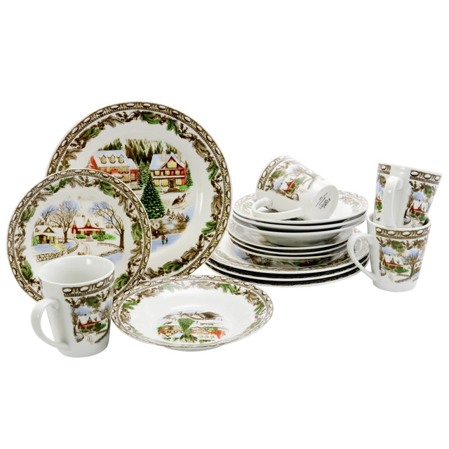 MEGAGOODS, INC. Gibson Home 995111670M  Christmas Toile 16-Piece Dinnerware Set, Bridge Scene