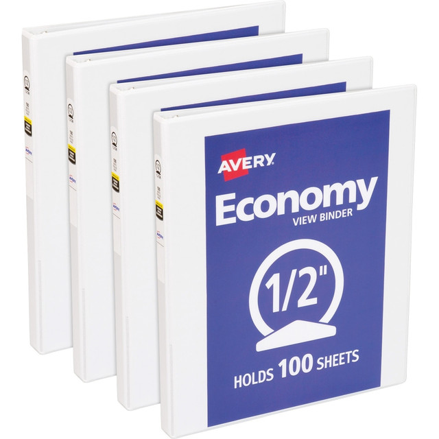 AVERY PRODUCTS CORPORATION 05706BD Avery Economy View Binder, 1/2in Ring, 8 1/2in x 11in, White, Pack Of 4 AVERY PRODUCTS CORPORATION 05706BD Avery Economy View Binder, 1/2in Ring, 8 1/2in x 11in, White, Pack Of 4