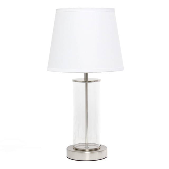 ALL THE RAGES INC Simple Designs LT2081-BSW  Encased Metal Table Lamp, 16-15/16inH, White Shade/Brushed Nickel And Clear Base