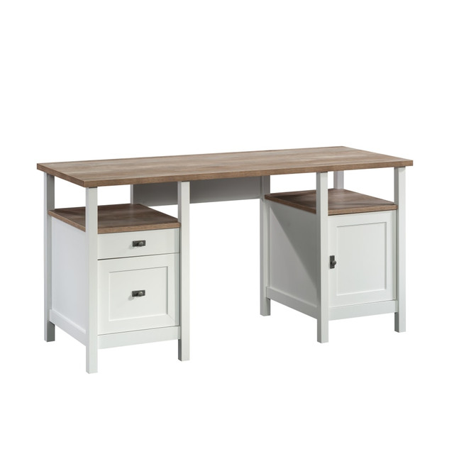 SAUDER WOODWORKING CO. Sauder 430056  Cottage Road 60inW Double-Pedestal Computer Desk With Open Shelf, White/Lintel Oak