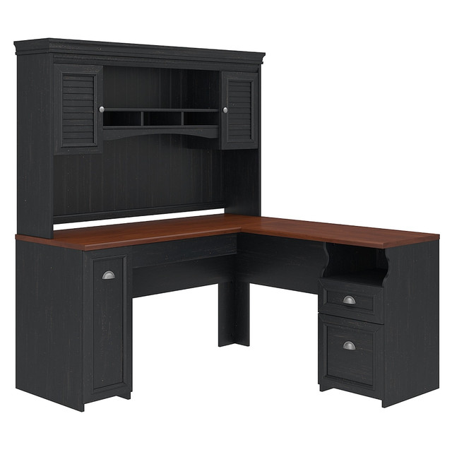 BUSH INDUSTRIES INC. FV004AB Bush Business Furniture Fairview 60inW L-Shaped Corner Desk With Hutch, Antique Black/Hansen Cherry, Standard Delivery BUSH INDUSTRIES INC. FV004AB Bush Business Furniture Fairview 60inW L-Shaped Corner Desk With Hutch, Antique Black/Hansen Cherry, Standard Delivery