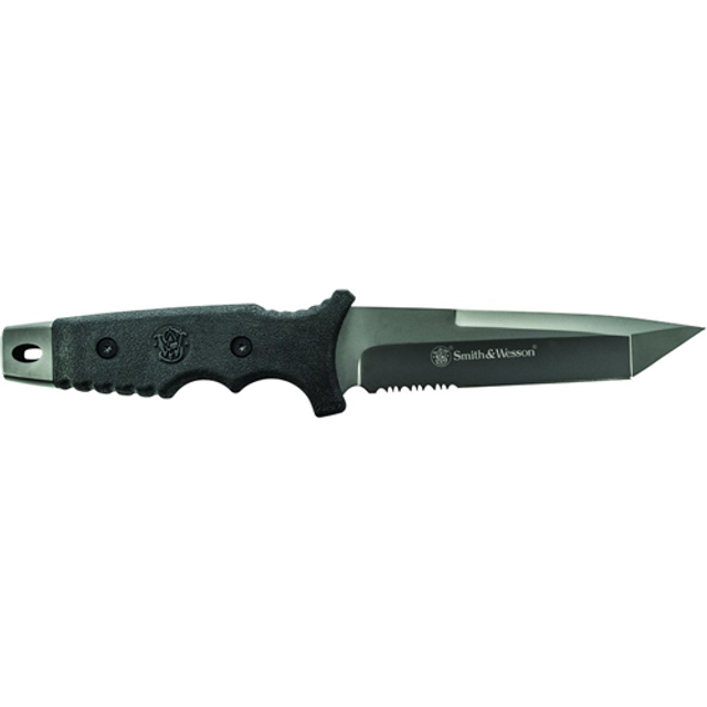 Smith & Wesson SW7S Fixed Blade w/40% Serrated Tanto 9Cr17 High Carbon Steel HL1 Rubber Handle w/Lanyard Hole and Ambidextrous Sheath Smith & Wesson SW7S Fixed Blade w/40% Serrated Tanto 9Cr17 High Carbon Steel HL1 Rubber Handle w/Lanyard Hole and Ambidextrous Sheath