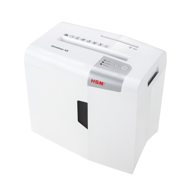 When your office needs to dispose of old paperwork, use this cross-cut shredder to leave the documents in virtually unreadable pieces. The shredstar X8 shredder has a 4.8-gallon waste basket collects the scraps and allows for easy emptying.  Designed to shred paper, credit cards, staples, CDs and DVDs.  4.8-gallon basket collects all of the shredded pieces.  Shreds 8 sheets at a time.  Cross-cut design leaves papers in 3/16in x 1 1/8in pieces.  Works through 8.3 feet per minute.  8.7in throat width accepts most document sizes.  Protects against jamming for ease of use.  Backed by the manufacturers lifetime warranty and 2-year limited warranty on parts.  Auto Jam Reverse  LED Indicator  Overload Indicator  Power Status Indicator  Overheat Indicator  Quiet Operation  Auto Start/Stop  Bin Full Indicator  Removable Waste Bag