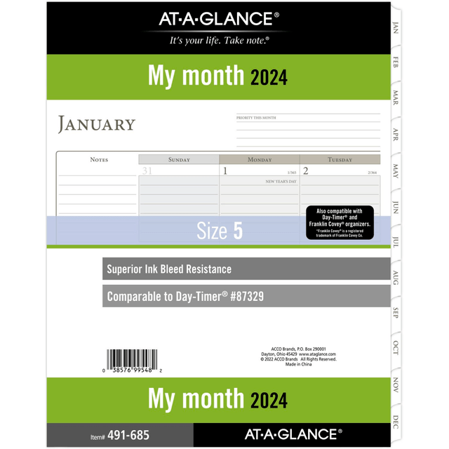 ACCO BRANDS USA, LLC 491-685-24 AT-A-GLANCE Monthly Loose-Leaf Planner Refill, 8-1/2in x 11in, January to December 2024, 491-685