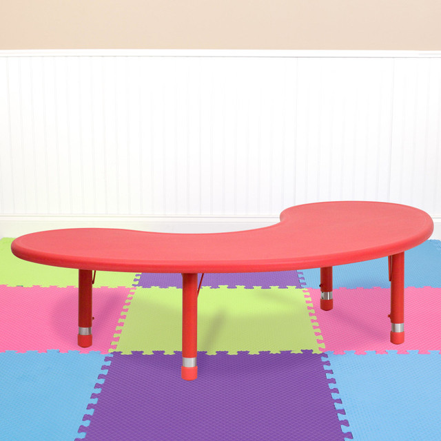 FLASH FURNITURE YUYCX04MOONTBRD Half-Moon Plastic Height-Adjustable Activity Table, 23-3/4inH x 35inW x 65inD, Red FLASH FURNITURE YUYCX04MOONTBRD Half-Moon Plastic Height-Adjustable Activity Table, 23-3/4inH x 35inW x 65inD, Red