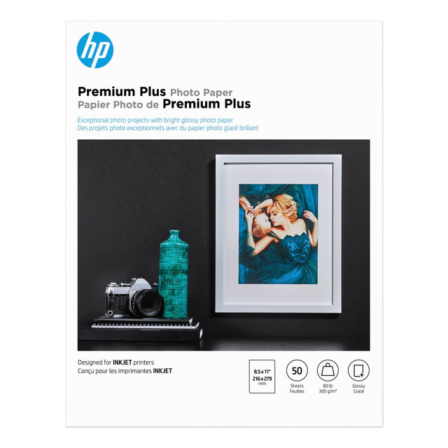 HP INC. CR664A HP Premium Plus Photo Paper for Inkjet Printers, Glossy, Letter Size (8 1/2in x 11in), 80 Lb, Pack Of 50 Sheets (CR664A)