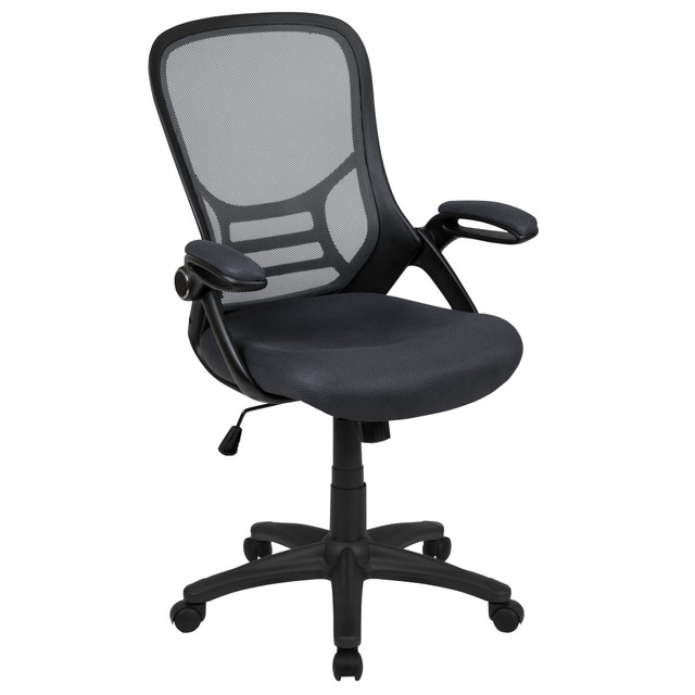 Create a comfortable office space with the help of a Flash Furniture Ergonomic Office Chair. This modern office chair boasts tilt and height adjustments to find you the perfect position for all of your daily tasks. A waterfall seat helps to reduce stress on your legs to avoid muscle fatigue and pain.  Overall Dimensions: 44inH x 26-1/2inW x 26-1/2inD.  Weight capacity tested to support 250 lb.  High back office chair.  Padded seat.  Ventilated mesh upholstery.  Lumbar support.  Waterfall seat.  Pneumatic height adjustments.  Tilt lock mechanism.  Adjustable, flip-up armrests.  360 deg. swivel.  Nylon base with dual-wheel casters.  Assembly required.  Tested to meet ANSI/BIFMA Performance Standards - Manufacturer testing has been conducted on this product to meet specific performance requirements and safety standards set forth by the American National Standards Institute (ANSI) and the Business and Institutional Furniture Manufacturers.