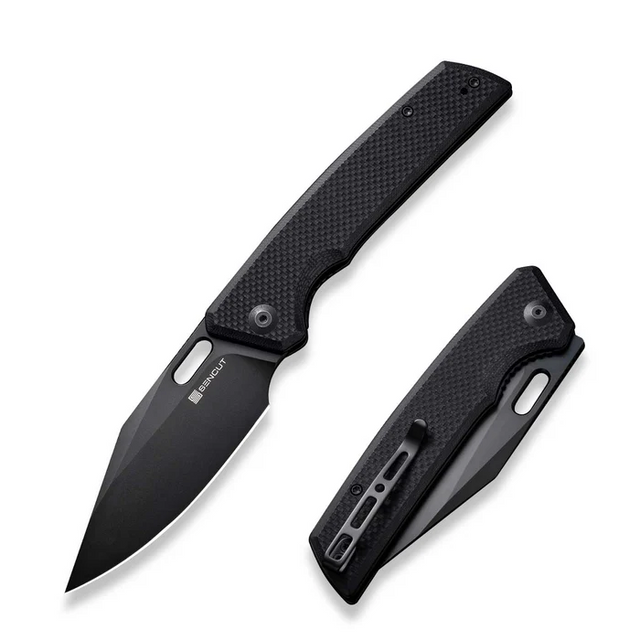 SENCUT S23018-1 GlideStrike Thumb Hole Folding Knife 3.74"" Black 9Cr18MoV Clip Point Plain Edge Blade, Black G10 Handle