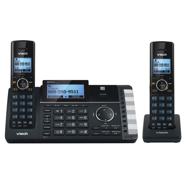If your business needs a versatile phone system, add this cordless phone to your office. The phone features 2 lines and comes with Smart Call Blocker, which prevents Robocalls and blocks up to 1,000 numbers.  2 lines make it easy to manage your business.  Integrated answering system lets your callers leave messages.  LCD screen helps you view caller information.  Call waiting/caller ID displays the name and number of incoming calls and remembers up to 50 callers for convenient callback. Call waiting/caller ID service required from your local telephone company.  Smart Call Blocker is built in to prevent unwanted calls, such as Robocalls. Can permanently block up to 1,000 numbers.  Paging locator helps you find the handset.  Speakerphone enables hands-free chatting.  Can be mounted to save desk space.  Backed by the manufacturers 1-year limited warranty.