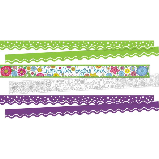 Hang these Barker Creek Double-Sided Border Strips around your classroom to create a bright and vibrant learning environment. The strips feature scalloped and straight edges with designs on both sides for flexibility.  Comes with 26 scalloped-edge 2-1/4in x 36in strips and 12 straight-edge 3in x 35in strips.  Ideal for decorating bulletin boards, frame doorways, defining learning centers and more.  Crafted from card stock for lasting beauty.  Double-sided borders allow for versatile decorating options.  Motivational design helps inspire students.