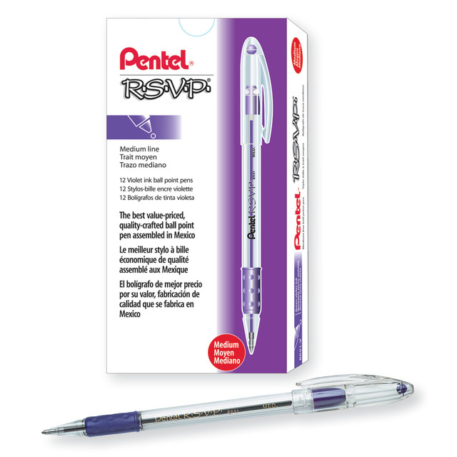 R.S.V.P. pens feature maximum ergonomic comfort thanks to latex-free rubber grips that offer writing control. The permanent ink included in these cozy pens provides a smooth, reliably clean mark that is easily legible.  Rubber Comfort Zone grip offers precise control. Grab hold of this cozy, wide-barreled grip for the ultimate in writing control - easily move the pen as you wish, with no slippage! Latex-free rubber grip provides extra comfort.  Pentel pens deliver permanent ink for extremely reliable, high-quality results.  Handy, built-in pocket clip - never lose your pen again. Designed for safe use with clothing, purses and pockets.  The medium-point pens feature violet ink.  Refillable - designed to be used repeatedly, helping you avoid single-use disposables and potentially save money.
