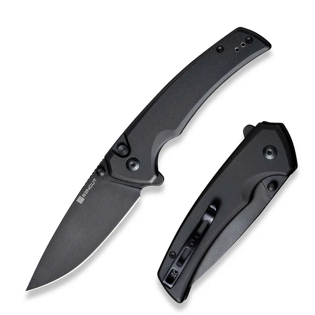 SENCUT S21022B-1 Serene Flipper/Thumb Stud Folding Knife 3.48"" Black D2 Drop Point Plain Edge Blade, Black Aluminum Handle