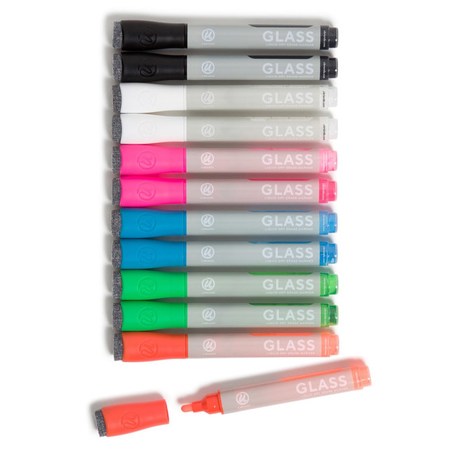 UBRANDS, LLC U Brands 2913U00-12  Liquid Glass Dry-Erase Markers, Bullet Tip, Medium Point, Gray Barrel, Assorted Ink Colors, Pack Of 12 Markers