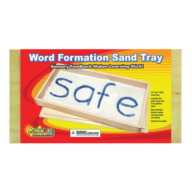 Young students can practice their handwriting and tracing words with this Primary Concepts Word Formation Sand Tray. When letters and words are created in the Safe Sand, they will stand out thanks to the bright blue laminate tray bottom.  Provides sensory and tactile handwriting practice.  Can also be used to set up creative playtime dioramas.  Blue laminate tray bottom stands out clearly when letters are created in the sand.  Filled with crystalline silica-free fine-grain Safe Sand.  Comes with a wooden lid to keep everything contained when not in use.