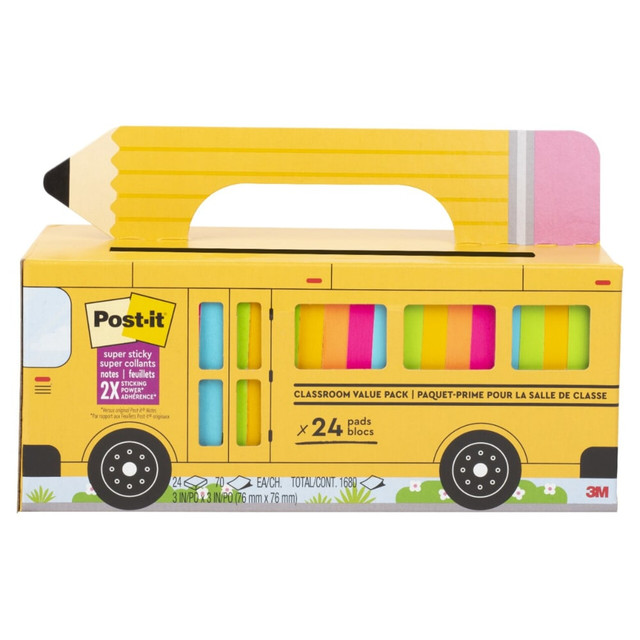 Whether jotting down your daily to-dos, brainstorming big ideas, studying or setting reminders, colors and ideas are always brighter together. These sticky notes feature 2X the sticking power. They also stick and re-stick - allowing you to move your notes with you throughout your day. They"re ideal for walls, doors, windows and other vertical surfaces, and like all Post-it Notes, they stick securely yet remove cleanly without damage. Keep your ideas across your notebooks, classroom books, calendars or other documents. No tape or tacks are needed with adhesive notes, saving you money and time on office products or school supplies. A great memo pad, these are ideal for using for notes or reminders to yourself or others. Post-it Super Sticky Notes are the perfect solution for shopping lists, reminders, notes on computer screens, time tracking, to-do lists, marking cables, color-coding documents, reminding kids to do chores, storyboarding, scratch paper and agile processing.  EXPERIENCE THE POWER OF 2X STICKINESS: Post-it Super Sticky Notes offer twice the sticking power of basic sticky notes, ensuring they stay put and wonT fall off  STICK AND RESTICK ANYWHERE: These notes adhere firmly to walls, windows, doors, and other vertical surfaces, allowing you to move your reminders with ease  VERSATILE AND ESSENTIAL: Post-it Super Sticky Notes are the perfect solution for shopping lists, reminders, to-do lists, color-coding, labeling, family chore reminders, brainstorming, storyboarding, and quick notes  EYE-CATCHING COLORS: Vibrant and colorful reminders are more likely to grab attention and be noticed  EXPLORE OUR COLLECTIONS: With 11 color collections, the Post-it Brand offers a wide range of options to suit every style and preference, whether at home, in school, or at the office  VARIOUS SIZES AND SHAPES: Available in different sizes, with or without lines, to cater to your specific needs  ENHANCE YOUR NOTE-TAKING EXPERIENCE: Download the free Post-it App on your smartphone or tablet to enjoy the simplicity and convenience of Post-it Notes anytime and anywhere  Made in USA with globally sourced materials  3 in. x 3 in., Assorted bright colors  Post-it Super Sticky Notes are recyclable  TRUST THE ORIGINAL CREATOR: Made in the USA with globally sourced materials, the one and only Post-it Note was invented over 40 years ago by the Post-it Brand  SUSTAINABILITY: Post-it Super Sticky Notes can be recycled