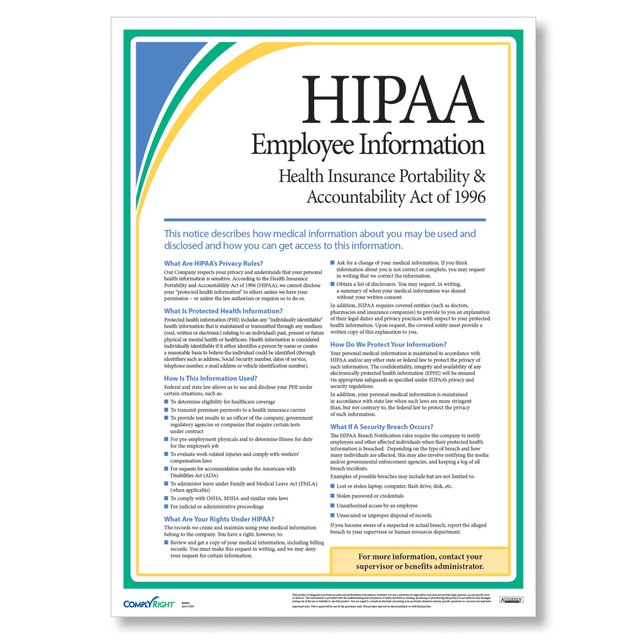 TAX FORMS PRINTING, INC. A0953 ComplyRight HIPAA Employee Information Poster, English, 17in x 24in TAX FORMS PRINTING, INC. A0953 ComplyRight HIPAA Employee Information Poster, English, 17in x 24in