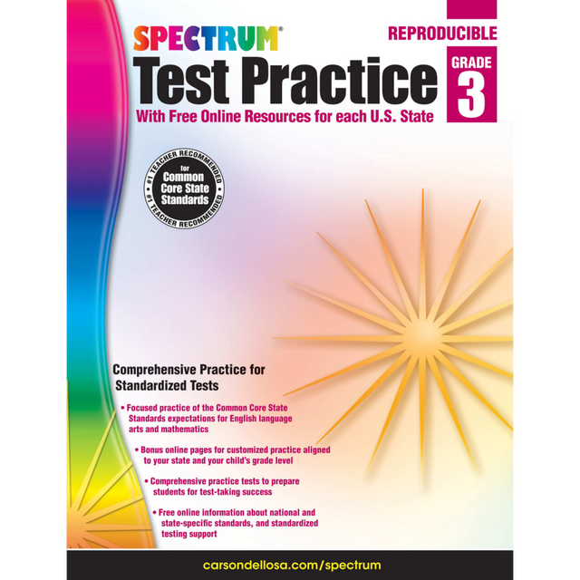 Use standardized practice tests to improve scores  Simulates testing for reading, language arts, math, science and social studies.  Includes directions, examples, separate answer sheets and answer key.  Reproducible - test until required scores are achieved.  Common Core aligned. Online resources include language arts and math practice tests for individual state alignments.