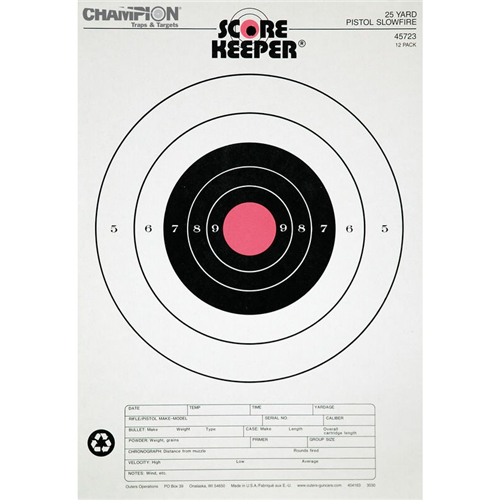 Champion Targets 45723 Champion Targets 45723 Score Keeper Fluorescent Orange & Black Bullseye Target, 25 Yard Pistol Slow Fire, 12 Pack