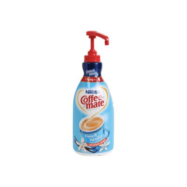 Add the Coffee Mate French Vanilla Concentrated Coffee Creamer Pump to your kitchen or breakroom. The rich, velvety smooth French Vanilla flavor is enticing, and the creamer is gluten and lactose free.  Bold French Vanilla flavor to enhance your beverage.  1 pump equals 1 serving (about 300 servings per bottle).  Locks the pump to the bottle for safety.  Kosher and free of lactose, gluten and cholesterol.