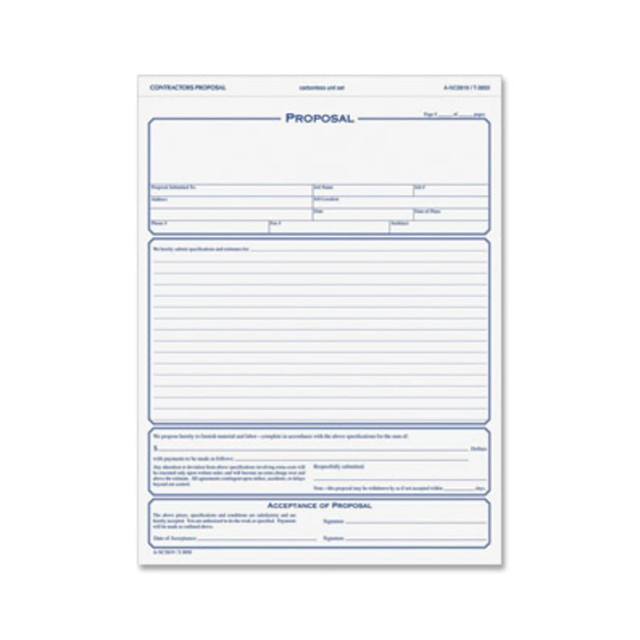 TOPS BUSINESS FORMS 3850 TOPS In Triplicate Proposal Form - 3 PartCarbonless Copy - 8 1/2in x 11in Sheet Size - White, Canary, Pink - Blue Print Color - 50 / Pack