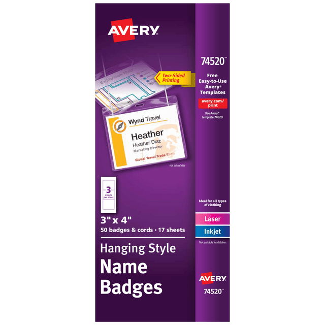 AVERY PRODUCTS CORPORATION Avery 74520  Customizable Hanging Style Name Badges, 74520, 3in x 4in, White, Box Of 50