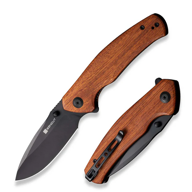 SENCUT S20066-4 Slashkin Flipper/Thumb Stud Folding Knife 3.48"" Black D2 Drop Point Plain Edge Blade, Guibourtia Wood Handle