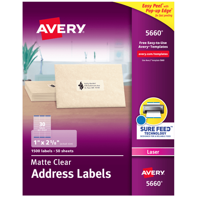 AVERY PRODUCTS CORPORATION 5660 Avery Matte Address Labels With Sure Feed Technology, 5660, Rectangle, 1in x 2-5/8in, Clear, Pack Of 1,500