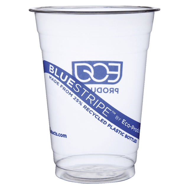 These Eco-Products cold cups hold your favorite beverages during your busy day  Made from plastic material for sturdy construction.  BlueStripe image shows commitment to greener choices.