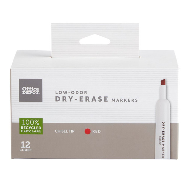 OFFICE DEPOT W-3113RE12 Brand Low-Odor Dry-Erase Markers, Chisel Point, 100% Recycled Plastic Barrel, Red, Pack Of 12 OFFICE DEPOT W-3113RE12 Brand Low-Odor Dry-Erase Markers, Chisel Point, 100% Recycled Plastic Barrel, Red, Pack Of 12