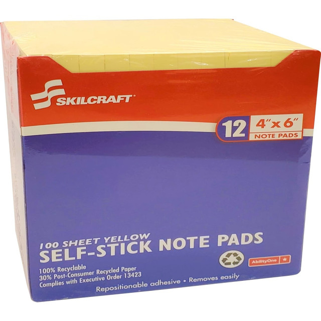 NATIONAL INDUSTRIES FOR THE BLIND 7530-01-285-8355 SKILCRAFT Self-Stick Note Pads, 4in x 6in, Yellow, 100 Sheets Per Pad, Pack Of 12 Pads (AbilityOne 7530-01-285-8355)