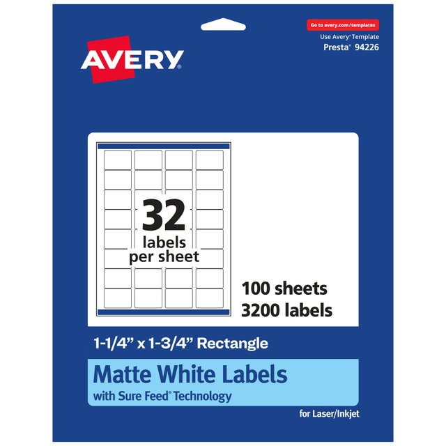 AVERY PRODUCTS CORPORATION 94226-WMP100 Avery Permanent Labels With Sure Feed, 94226-WMP100, Rectangle, 1-1/4in x 1-3/4in, White, Pack Of 3,200 AVERY PRODUCTS CORPORATION 94226-WMP100 Avery Permanent Labels With Sure Feed, 94226-WMP100, Rectangle, 1-1/4in x 1-3/4in, White, Pack Of 3,200