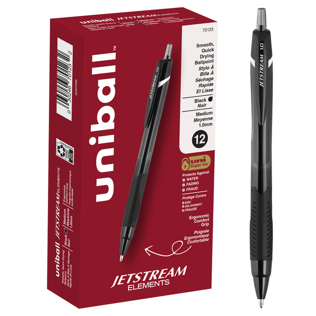 MITSUBISHI PENCIL COMPANY, LTD. 70123 uni-ball Jetstream Elements Retractable Ballpoint Pens, Medium Point, 1.0 mm, Black Barrel, Black Ink, Pack Of 12 Pens MITSUBISHI PENCIL COMPANY, LTD. 70123 uni-ball Jetstream Elements Retractable Ballpoint Pens, Medium Point, 1.0 mm, Black Barrel, Black Ink, Pack Of 12 Pens