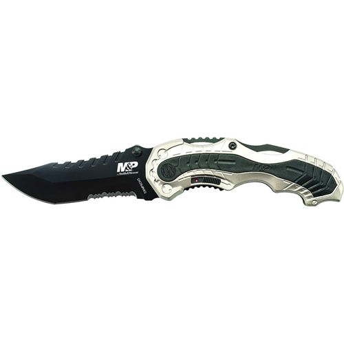 Smith & Wesson SWMP6CNS M&P M.A.G.I.C. Assist Liner Lock 4034 Stainless Steel w/40% Serrated Blade Champagne Aluminum Handle w/Side Safety & Pocket Clip