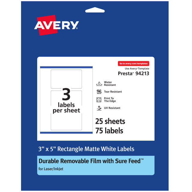 AVERY PRODUCTS CORPORATION 94213-DRF25 Avery Durable Removable Labels With Sure Feed, 94213-DRF25, Rectangle, 3in x 5in, White, Pack Of 75 AVERY PRODUCTS CORPORATION 94213-DRF25 Avery Durable Removable Labels With Sure Feed, 94213-DRF25, Rectangle, 3in x 5in, White, Pack Of 75