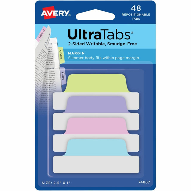 AVERY PRODUCTS CORPORATION Avery 74867  UltraTabs Repositionable Margin Tabs - Write-on Tab(s) - 1in Tab Height x 2.50in Tab Width - Assorted Pastel Tab(s) - 48 / Pack