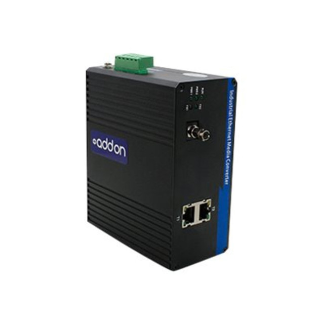 ADD-ON COMPUTER PERIPHERALS, INC. AddOn ADD-IFMC-BXU-1ST2  100Mbs 2 RJ-45 to 1 ST Industrial Media Converter - Fiber media converter - 100Mb LAN - 10Base-T, 100Base-TX, 100Base-BX-U - RJ-45 / ST single-mode - up to 12.4 miles - 1310 (TX) / 1550 (RX) 