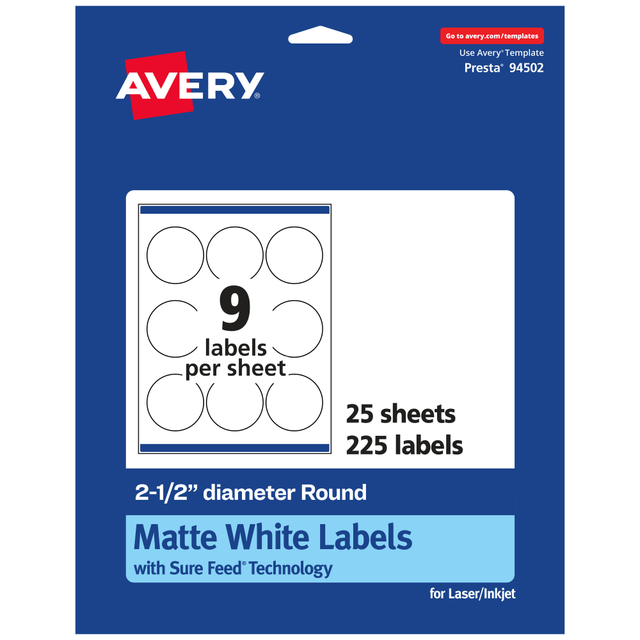 AVERY PRODUCTS CORPORATION 94502-WMP25 Avery Permanent Labels With Sure Feed, 94502-WMP25, Round, 2-1/2in Diameter, White, Pack Of 225 AVERY PRODUCTS CORPORATION 94502-WMP25 Avery Permanent Labels With Sure Feed, 94502-WMP25, Round, 2-1/2in Diameter, White, Pack Of 225