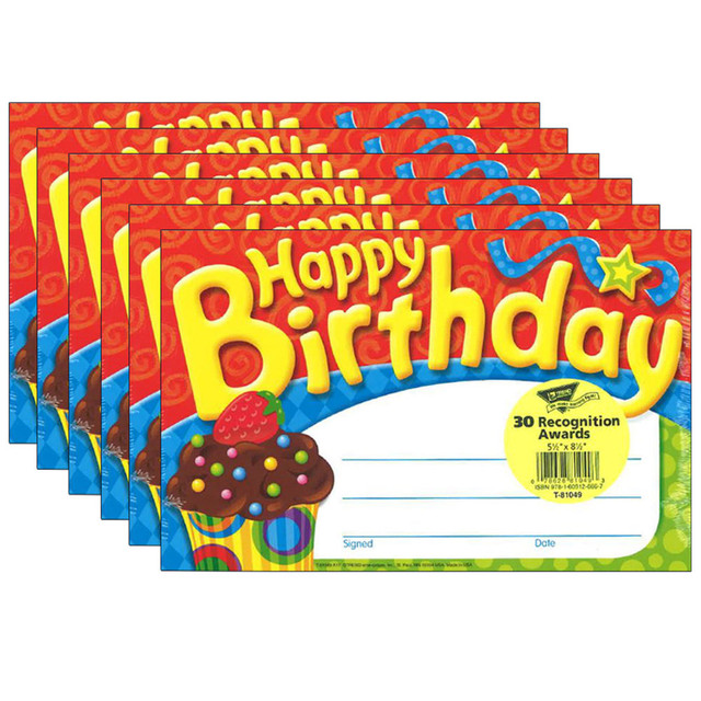 EDUCATORS RESOURCE T-81049-6 TREND Recognition Awards, 5-1/2in x 8-1/2in, Happy Birthday The Bake Shop, 30 Awards Per Pack, Set Of 6 Packs