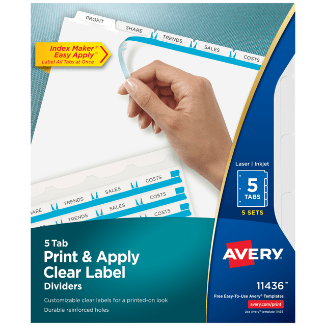 AVERY PRODUCTS CORPORATION 11436 Avery Customizable Index Maker Dividers for 3 Ring Binder, Easy Print & Apply Clear Label Strip, 5 Tab, White, Pack Of 5 Sets