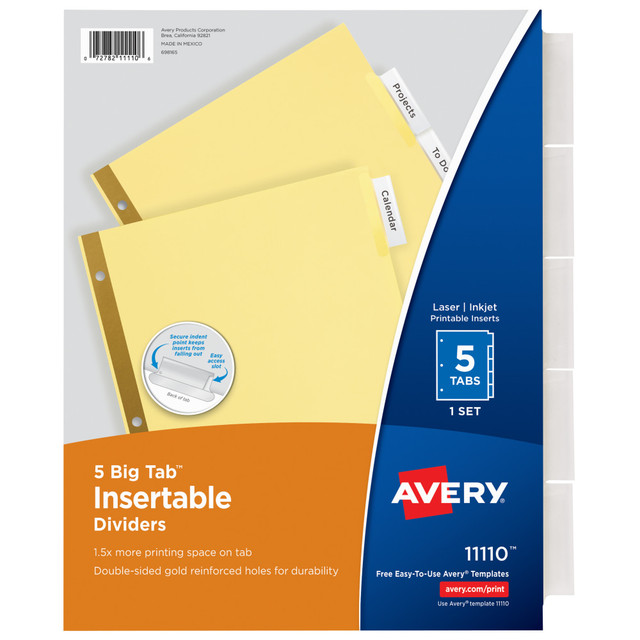 AVERY PRODUCTS CORPORATION 11110 Avery Big Tab Insertable Dividers Gold Reinforced Edge, Buff/Clear, 5-Tab