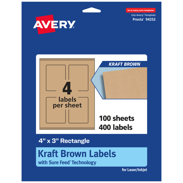 AVERY PRODUCTS CORPORATION 94252-KMP100 Avery Kraft Permanent Labels With Sure Feed, 94252-KMP100, Rectangle, 4in x 3in, Brown, Pack Of 400 AVERY PRODUCTS CORPORATION 94252-KMP100 Avery Kraft Permanent Labels With Sure Feed, 94252-KMP100, Rectangle, 4in x 3in, Brown, Pack Of 400