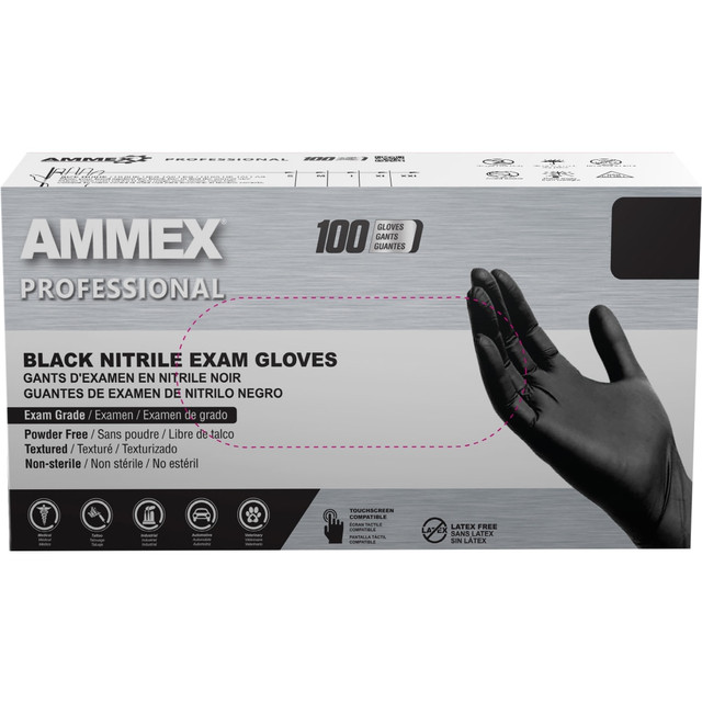 AMMEX CORPORATION ABNPF42100 Ammex Professional Powder-Free Exam-Grade Nitrile Gloves, Small, Black, Box Of 100 Gloves